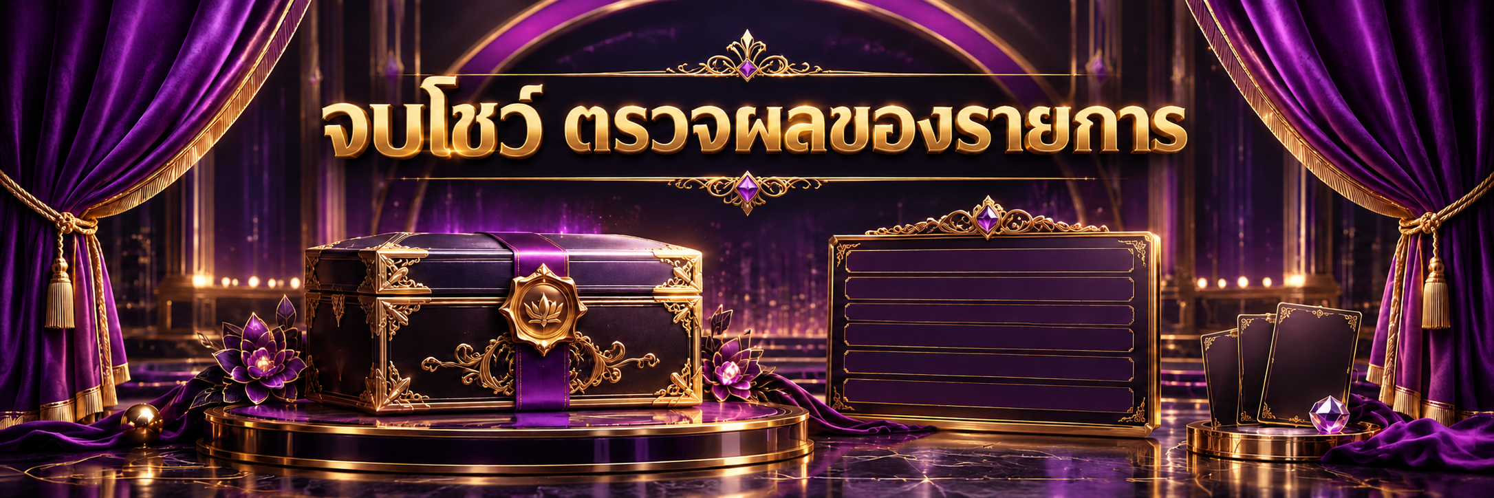ม่านเวทีม่วงกับกล่องปิดผนึกและกระดานรายการว่าง